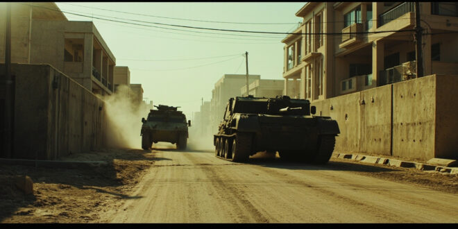 Military tank positioned at concrete roadblock with dusty government buildings in background