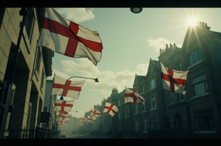 Red and white St George Cross flags flying from lampposts on residential street with council building backdrop