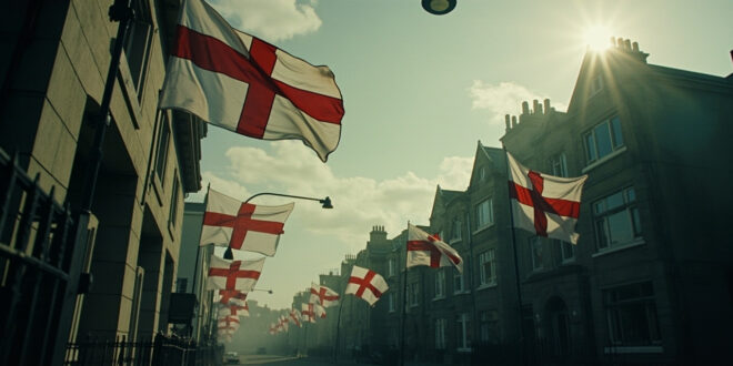 Red and white St George Cross flags flying from lampposts on residential street with council building backdrop