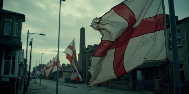 Red and white St George flags flying on lampposts outside cream brick council building with glass facade