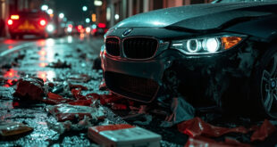 Damaged BMW front headlight and emergency medical equipment scattered on Berlin street intersection