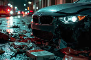 Damaged BMW front headlight and emergency medical equipment scattered on Berlin street intersection
