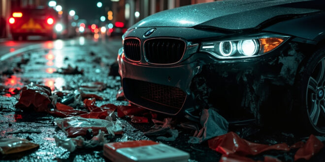 Damaged BMW front headlight and emergency medical equipment scattered on Berlin street intersection