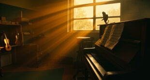 Piano keys and sheet music in sunlit classroom with violins and recorders on wooden shelves