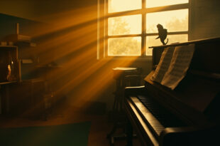 Piano keys and sheet music in sunlit classroom with violins and recorders on wooden shelves