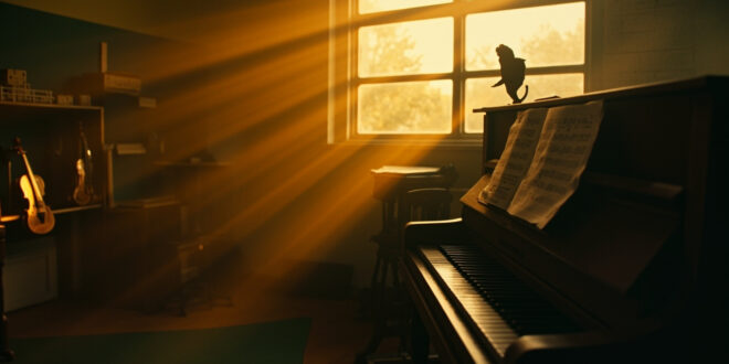 Piano keys and sheet music in sunlit classroom with violins and recorders on wooden shelves