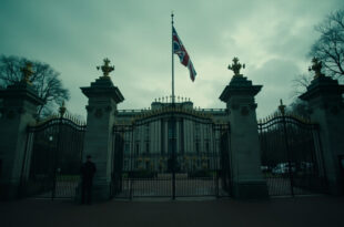Ornate palace gates with the Union Jack flag at half mast against an overcast sky, with an empty announcement board