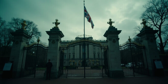 Ornate palace gates with the Union Jack flag at half mast against an overcast sky, with an empty announcement board