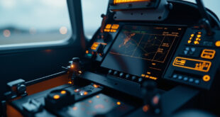 Aircraft cockpit navigation display showing GPS signals and flight instruments with warning indicators.