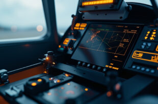 Aircraft cockpit navigation display showing GPS signals and flight instruments with warning indicators.