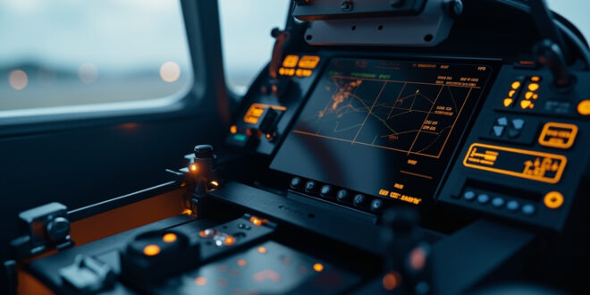 Aircraft cockpit navigation display showing GPS signals and flight instruments with warning indicators.