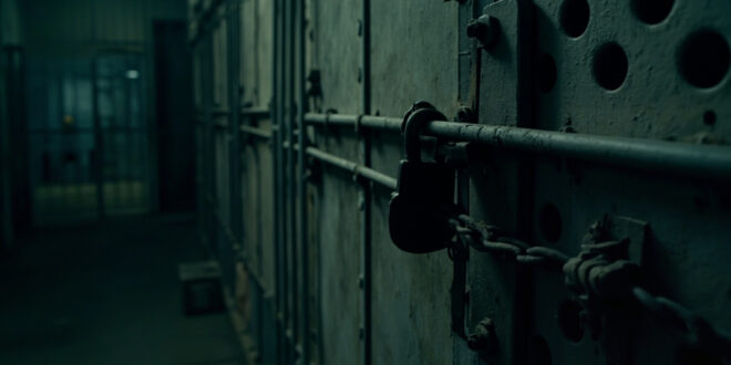 Heavy metal lock and chain securing prison cell door in dimly lit correctional facility corridor