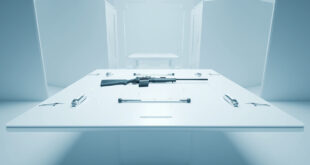 Forensic laboratory setup with rifle, evidence bags, DNA testing equipment on sterile white surfaces