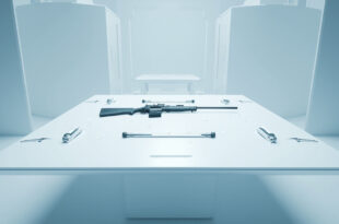 Forensic laboratory setup with rifle, evidence bags, DNA testing equipment on sterile white surfaces