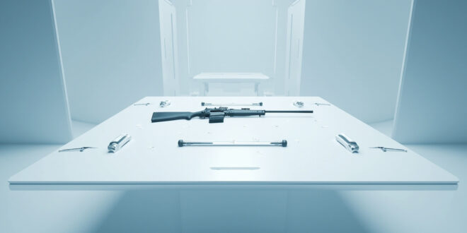 Forensic laboratory setup with rifle, evidence bags, DNA testing equipment on sterile white surfaces