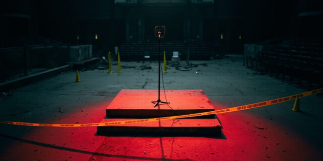 Empty podium with microphone on outdoor campus stage, yellow police tape visible, scattered folding chairs in background