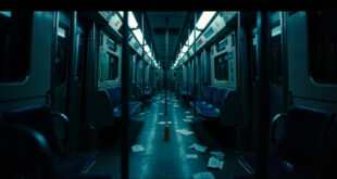 Empty light rail train car with blue seats and overhead fluorescent lighting casting shadows on metal floor.
