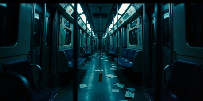 Empty light rail train car with blue seats and overhead fluorescent lighting casting shadows on metal floor.