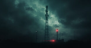 Silhouetted cell tower against dark cloudy sky with red warning lights, symbolizing mobile network disruption