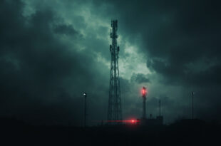 Silhouetted cell tower against dark cloudy sky with red warning lights, symbolizing mobile network disruption