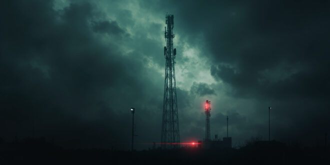 Silhouetted cell tower against dark cloudy sky with red warning lights, symbolizing mobile network disruption