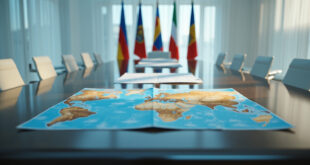 Conference table with international flags, maps, and diplomatic papers arranged for Middle East peace negotiations