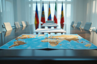 Conference table with international flags, maps, and diplomatic papers arranged for Middle East peace negotiations