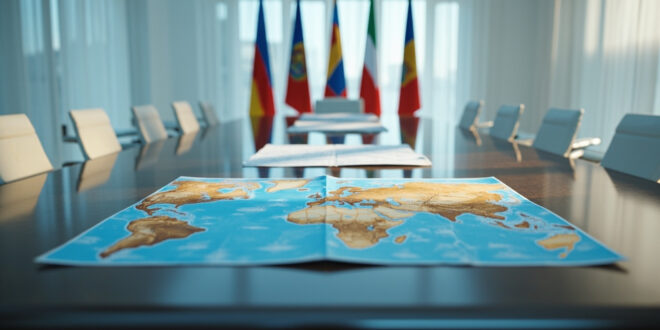 Conference table with international flags, maps, and diplomatic papers arranged for Middle East peace negotiations