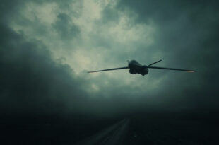 Military drone silhouette against dark stormy sky with dramatic lighting and threatening atmosphere