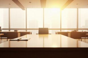 Empty corporate office with wooden desk, papers, and morning sunlight streaming through windows