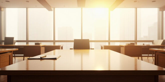 Empty corporate office with wooden desk, papers, and morning sunlight streaming through windows