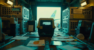 Empty pet carrier with airline tags in airport cargo hold, travel documents scattered on metal floor