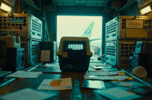 Empty pet carrier with airline tags in airport cargo hold, travel documents scattered on metal floor