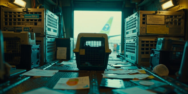 Empty pet carrier with airline tags in airport cargo hold, travel documents scattered on metal floor