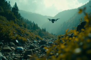 Drone flying over dense forest terrain with rocky outcrops and thick vegetation in mountainous wilderness area
