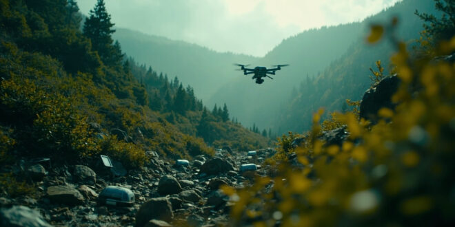 Drone flying over dense forest terrain with rocky outcrops and thick vegetation in mountainous wilderness area