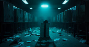 Dark empty voting booth with official papers and black ribbon in stark government office lighting