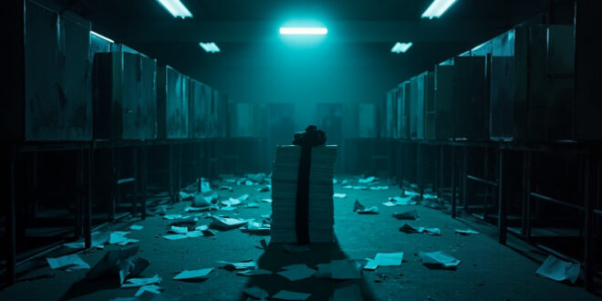 Dark empty voting booth with official papers and black ribbon in stark government office lighting