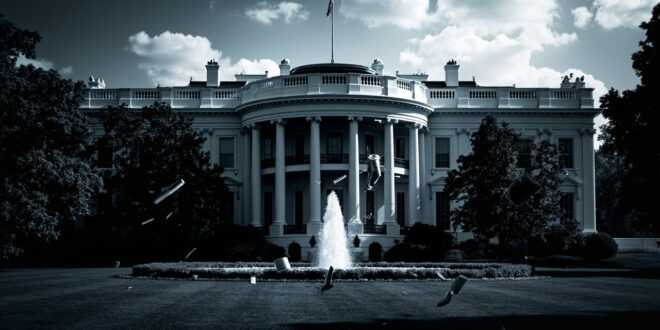 Open second-story White House window with dark objects scattered on lawn below against bulletproof glass