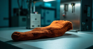 Orange sock specimen under bright examination light on sterile laboratory surface with forensic tools nearby