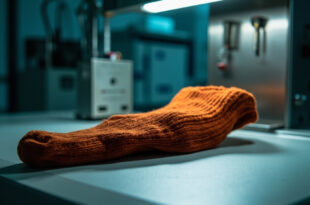 Orange sock specimen under bright examination light on sterile laboratory surface with forensic tools nearby