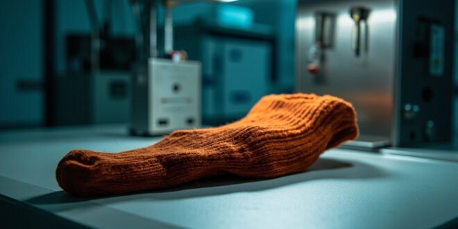 Orange sock specimen under bright examination light on sterile laboratory surface with forensic tools nearby