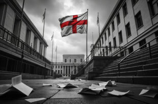 St Georges flag on pole outside modern council building with scattered papers on wet concrete ground
