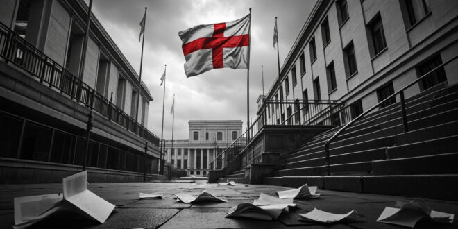 St Georges flag on pole outside modern council building with scattered papers on wet concrete ground