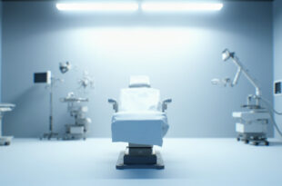 Empty medical examination chair in sterile healthcare room under fluorescent lighting