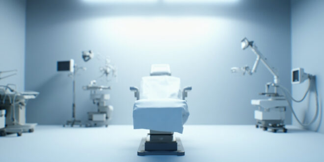 Empty medical examination chair in sterile healthcare room under fluorescent lighting