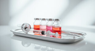 Glass medical vials and syringes arranged on white medical tray in clinical setting