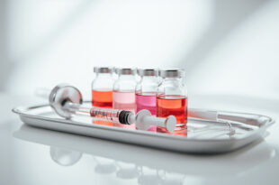 Glass medical vials and syringes arranged on white medical tray in clinical setting