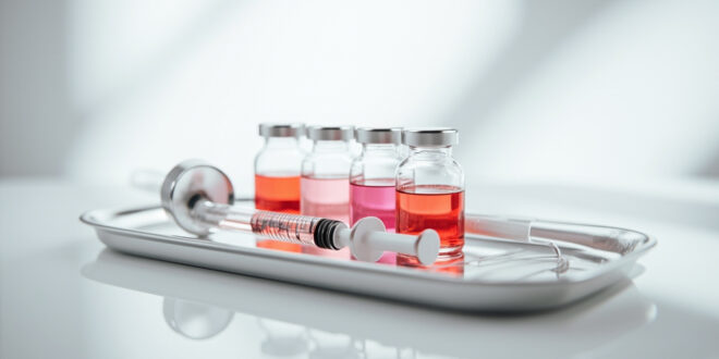 Glass medical vials and syringes arranged on white medical tray in clinical setting