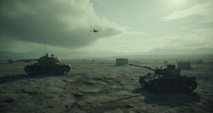 Surveillance drone hovering over empty borderland terrain with abandoned military positions in misty landscape